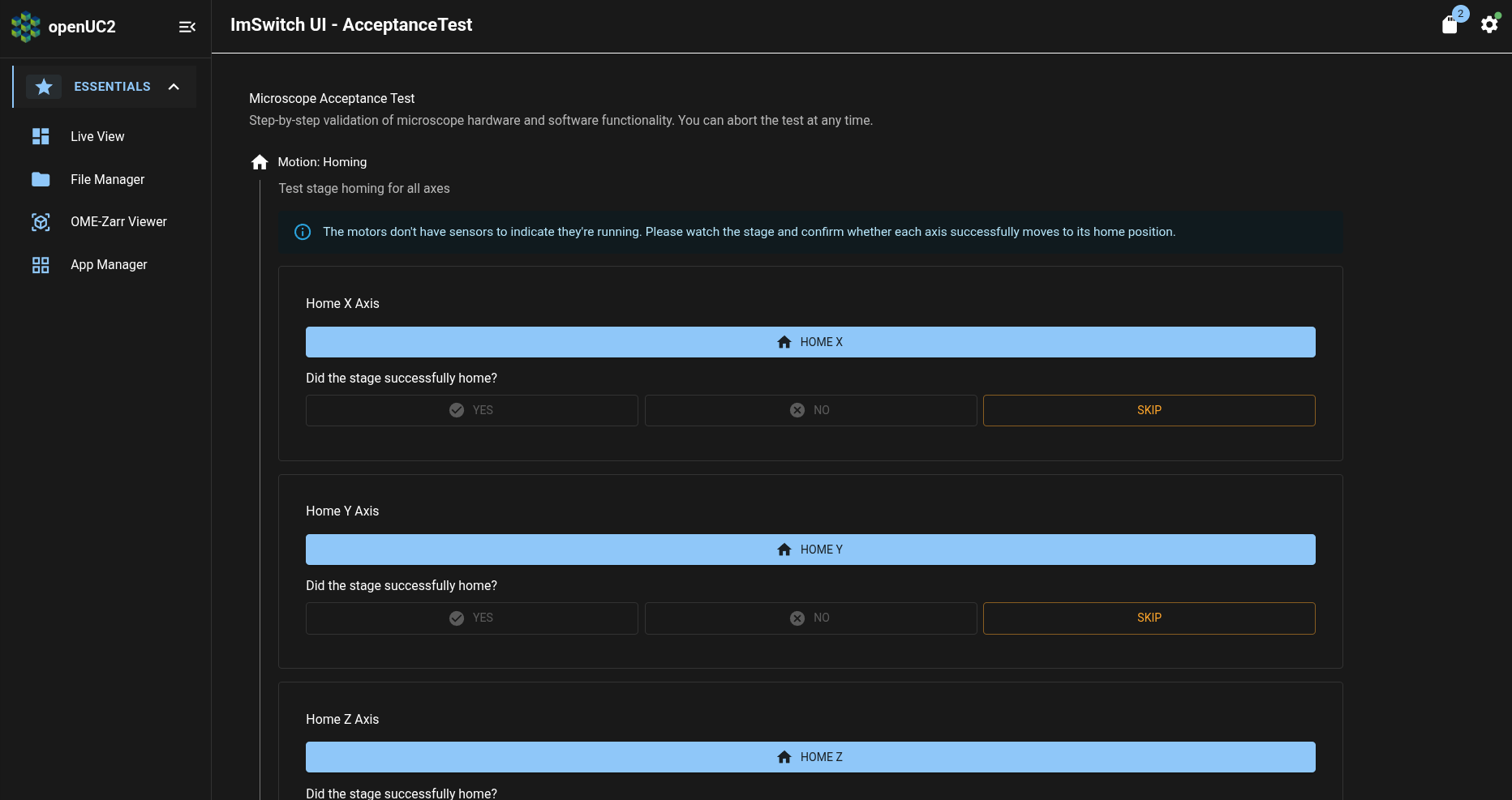 ImSwitch app: Acceptance Test page
