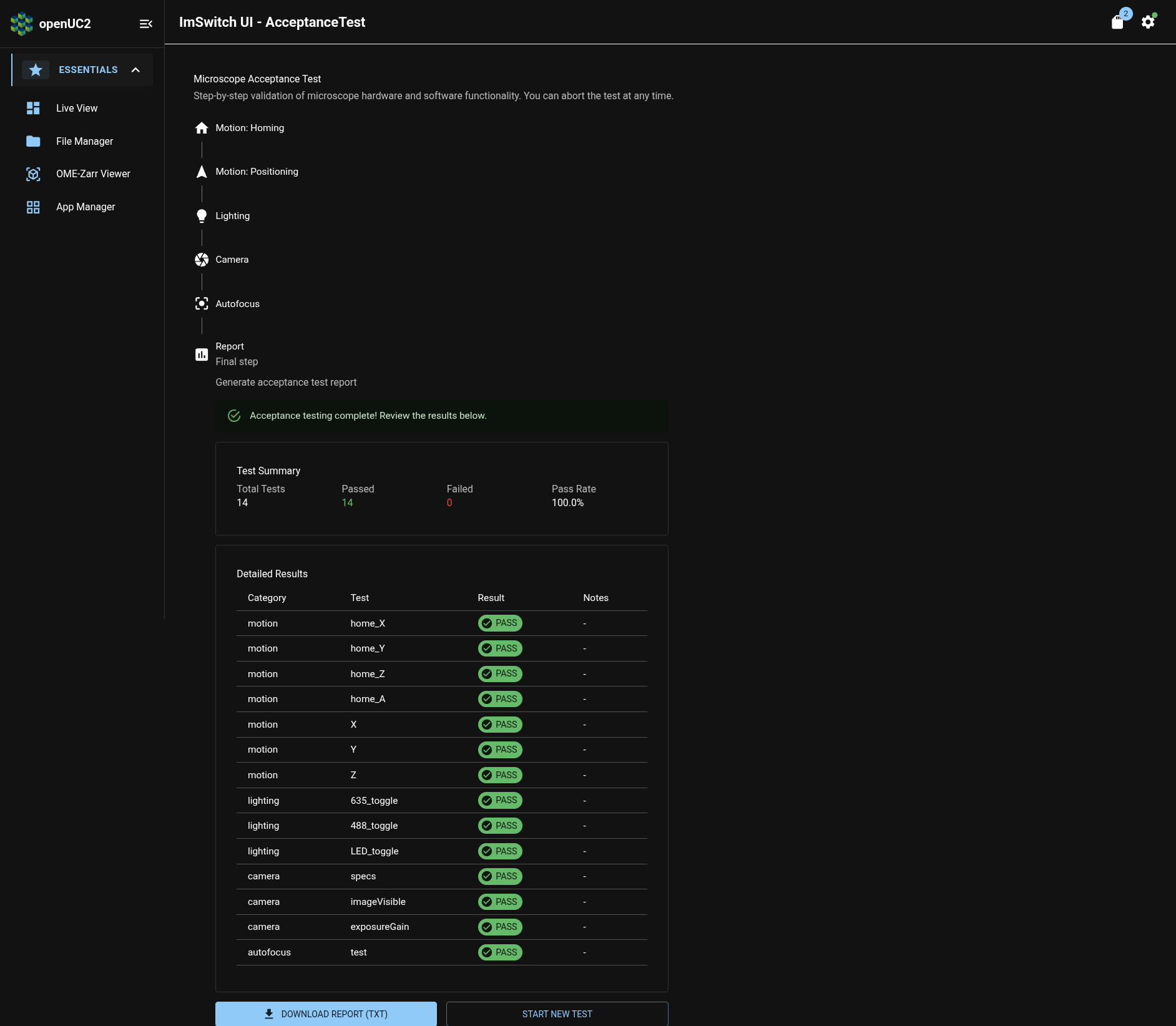 ImSwitch app: Acceptance Test page: test report