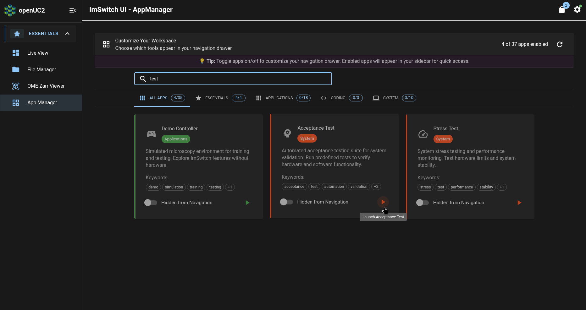 ImSwitch app: App Manager page: Acceptance Test entry: play button
