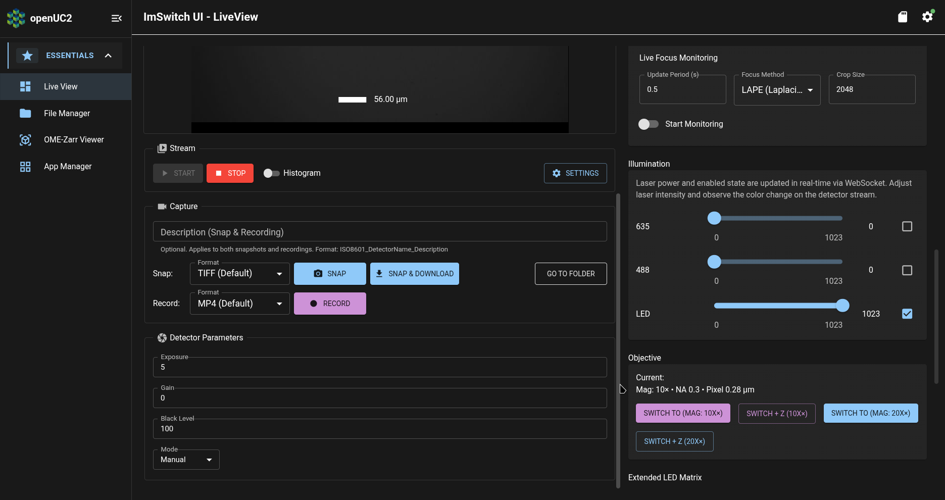 ImSwitch app: Live View page: Detector Parameters section