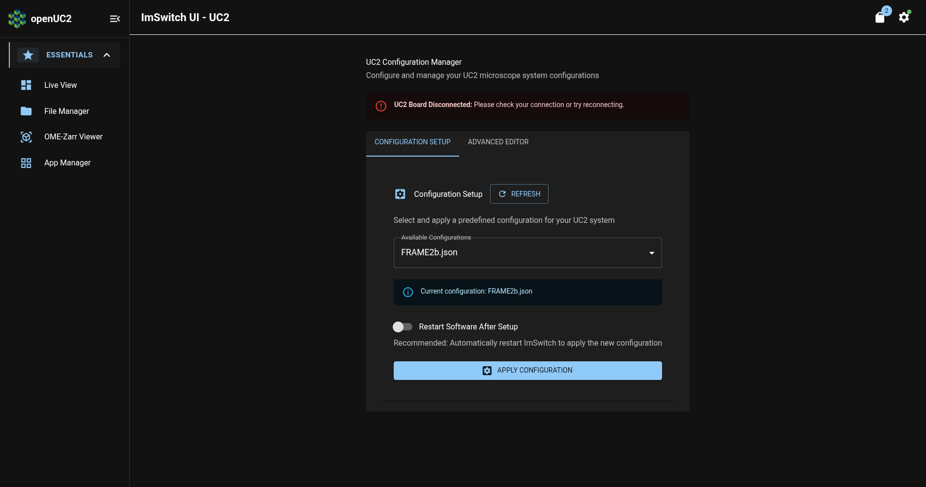 ImSwitch app: Backend Settings page: current configuration
