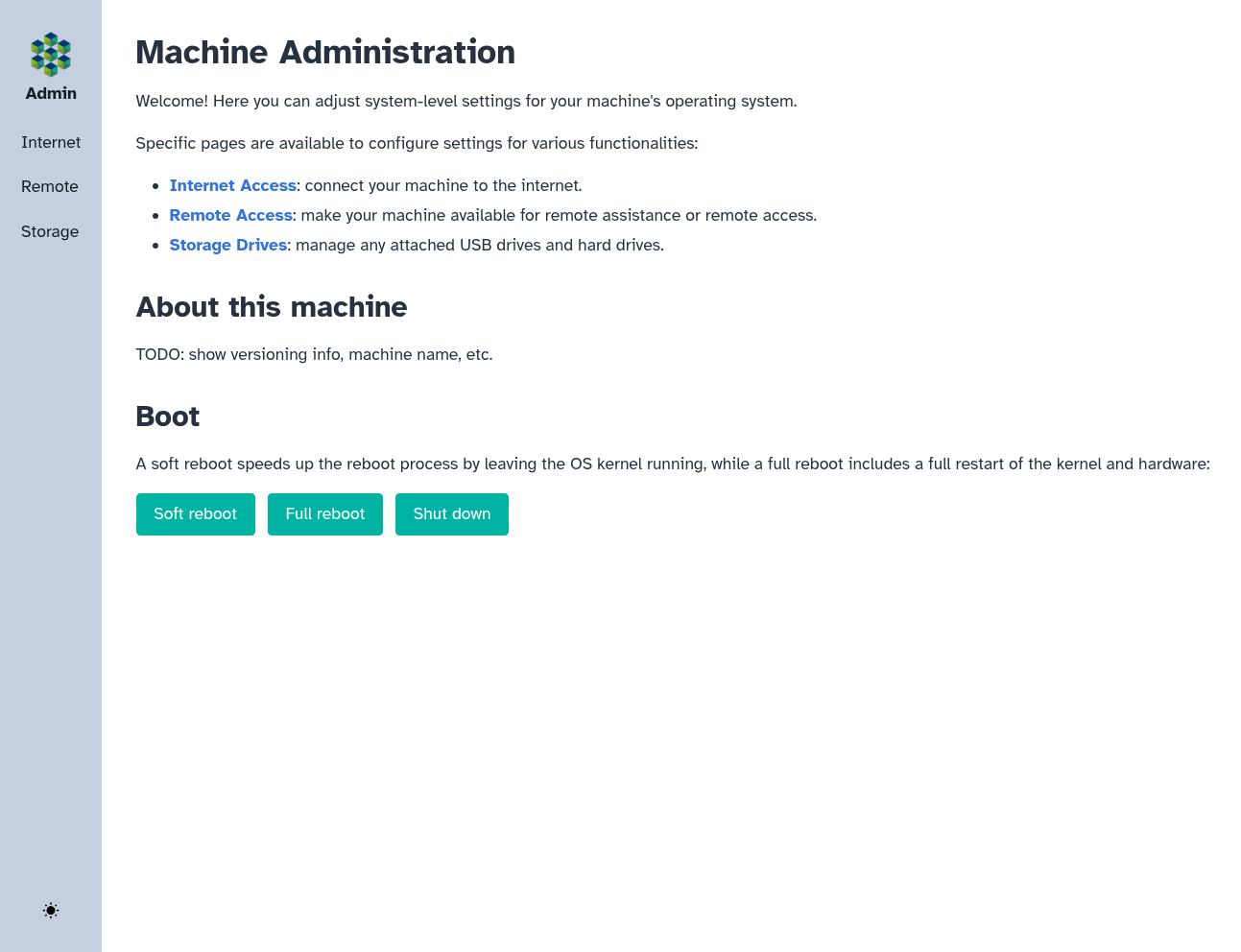 Machine Admin app homepage