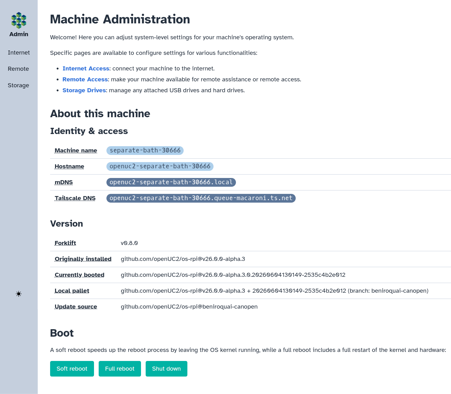 Machine Admin app homepage
