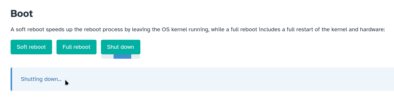 Machine Admin app homepage: Boot section: Shutting down message