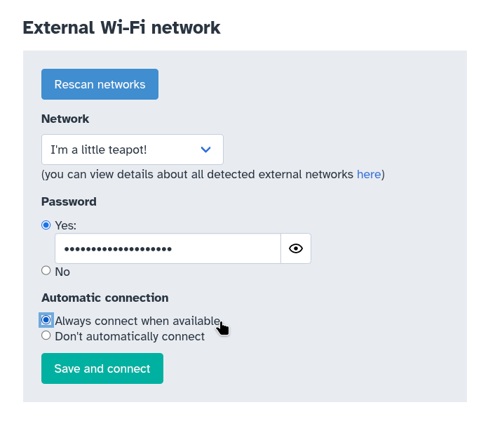 Machine Admin app: Internet Access page: External Wi-Fi network section: autoconnect option