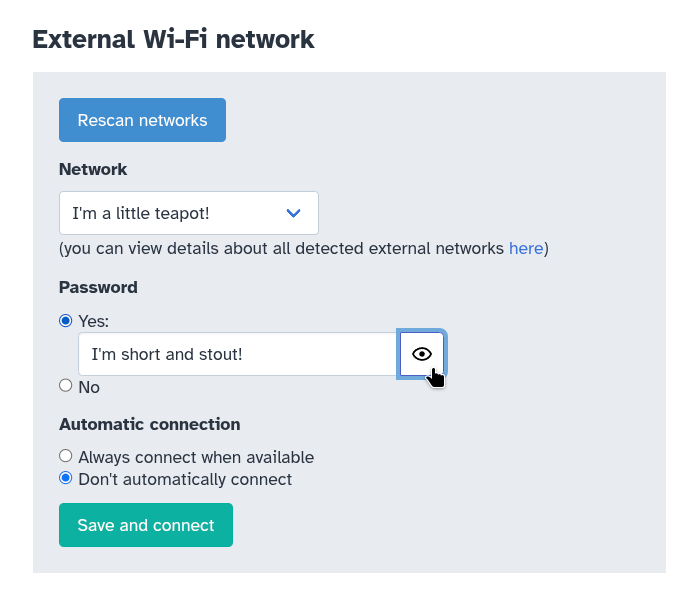 Machine Admin app: Internet Access page: External Wi-Fi network section: show password