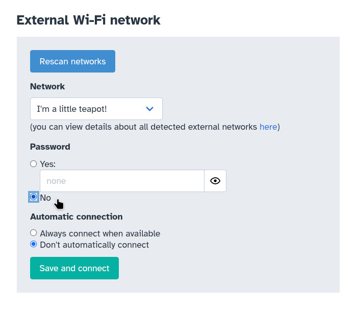 Machine Admin app: Internet Access page: External Wi-Fi network section: no password