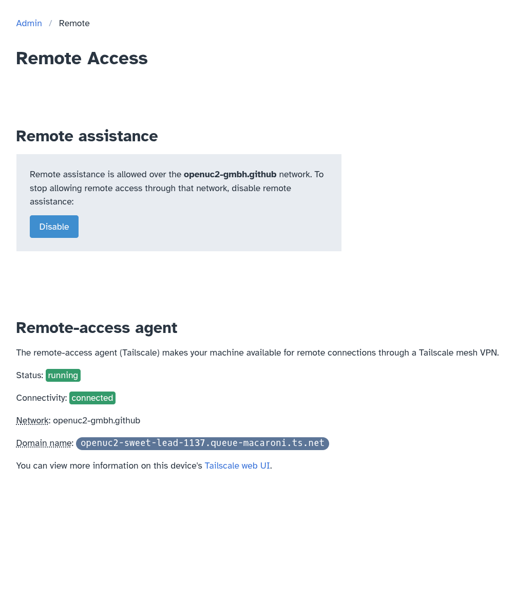 Machine Admin app: Remote Access page: connected