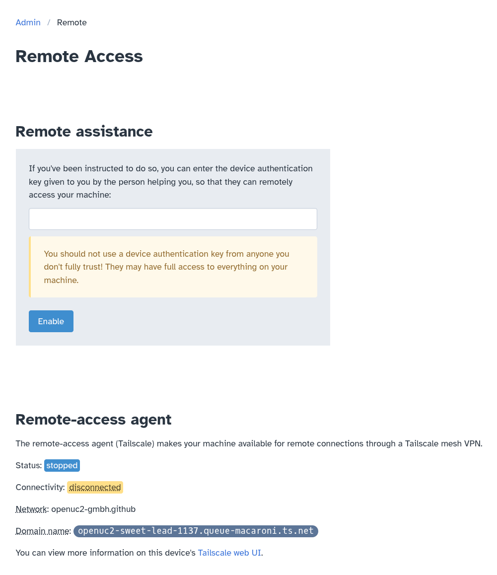 Machine Admin app: Remote Access page: already pre-registered